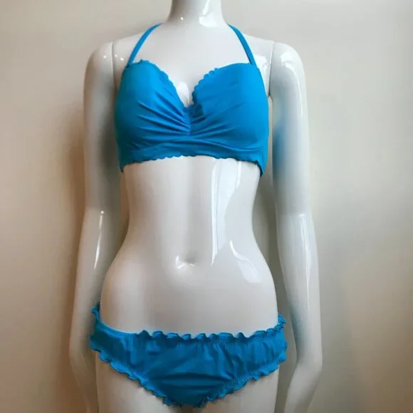 SunDazed 34 DD Bra cup solid turquoise blue underwire top set shirred ruffled - Picture 2 of 11